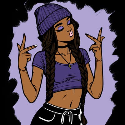 realistic teenage girl with braids and a beanie and crop top doing 🫶🏼