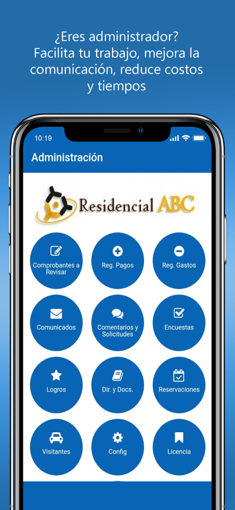 Residentia - Dashboard di amministrazione dell'app mobile Residentia che mostra icone di gestione per pagamenti, visitatori e annunci.