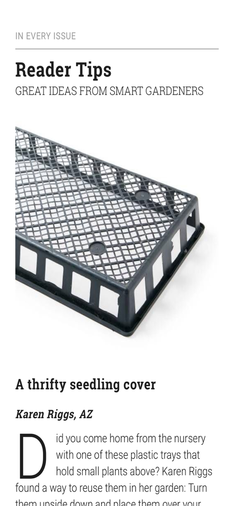 Garden Gate Magazine - Garden Gate Magazine reader tips section featuring a reused plastic nursery tray as a thrifty seedling cover.