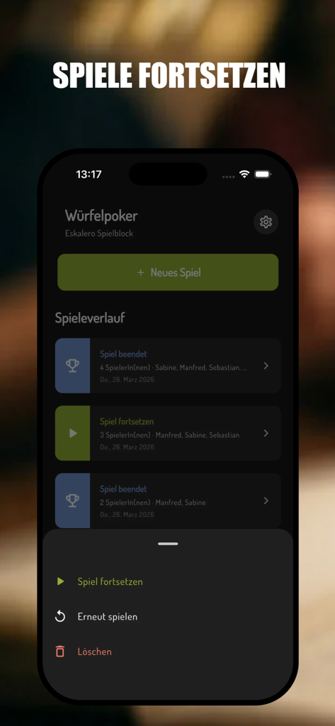 Escalero - Poker Dice Notepad - The game history screen of the Escalero app showing options to continue previous poker dice sessions in dark mode.