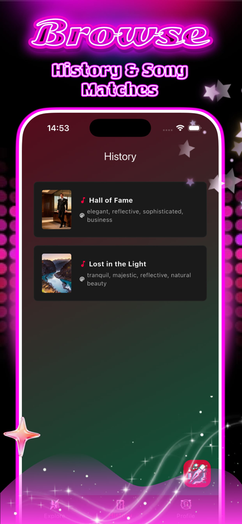 Woozi - Woozi app history screen displaying song recommendations and mood tags for analyzed photos.