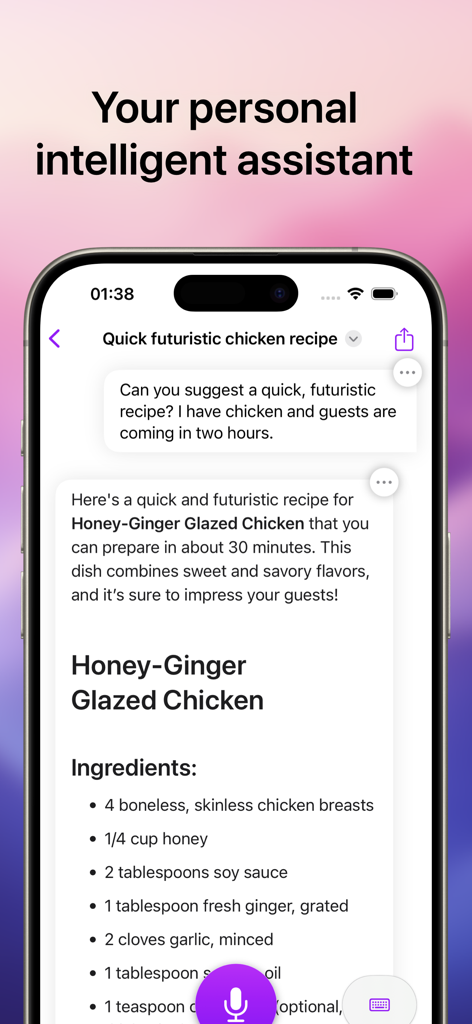 Una captura de pantalla de la aplicación Asistente Inteligente Chat que muestra una receta generada por IA para Pollo Glaseado con Miel y Jengibre en una ventana de chat.