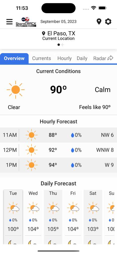 ABC-7 KVIA Weather & Traffic - ABC-7 KVIA Weather app interface showing current conditions and hourly forecast for El Paso Texas