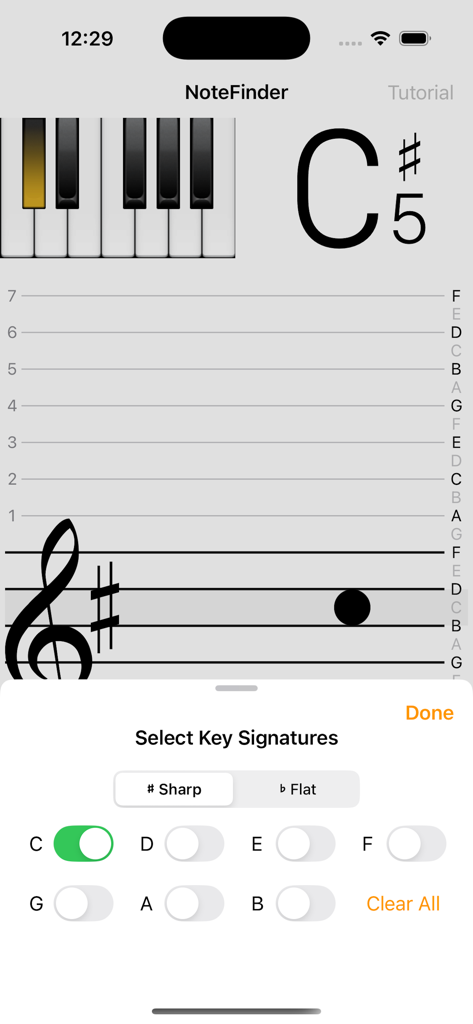 NoteFinder (for Sheet Music) - Interface of the NoteFinder app showing musical staff with a C sharp note and the key signature selection menu for sharps and flats