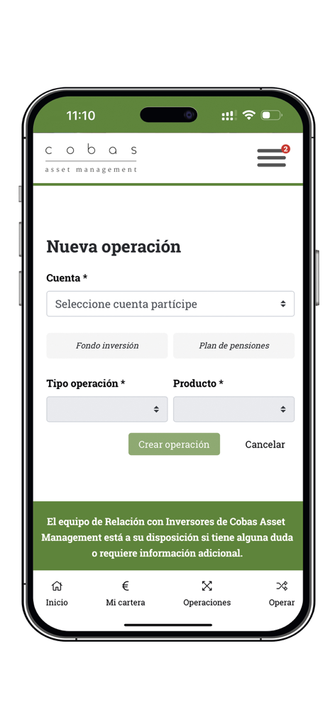 Interfaz de aplicación móvil para crear una nueva operación de inversión o plan de pensiones en Cobas AM.
