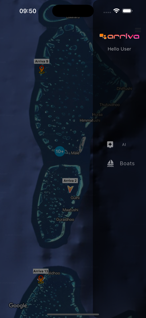 Interfaz del mapa de la aplicación Arriva Manager que muestra la ubicación de lanchas rápidas en tiempo real y el seguimiento de la flota