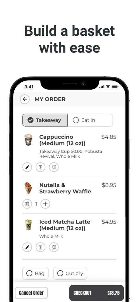 Black Sheep Coffee US - Black Sheep Coffee US mobile app screen showing a customer order basket with a cappuccino and waffle ready for checkout