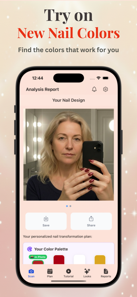 Makeup Check AI - AI Makeup - Una interfaz de smartphone que muestra el informe de análisis de uñas de Makeup Check AI con una prueba virtual de esmalte de uñas rojo y una paleta de colores personalizada.