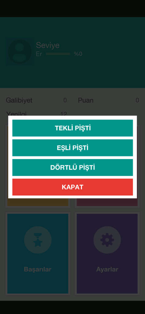 Pişti - İnternetsiz - Benutzeroberfläche der Pisti-Kartenspiel-App mit dem Menü zur Auswahl des Spielmodus
