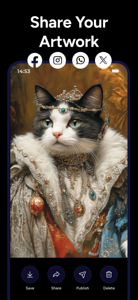 AI Image Generator - Monet - Pantalla para compartir de la aplicación IA Monet que muestra una obra de arte de un gato regio con iconos de redes sociales