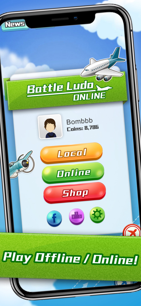Battle Ludo Online - Main menu screen of Battle Ludo Online app showing local and online play options with an aeroplane theme.