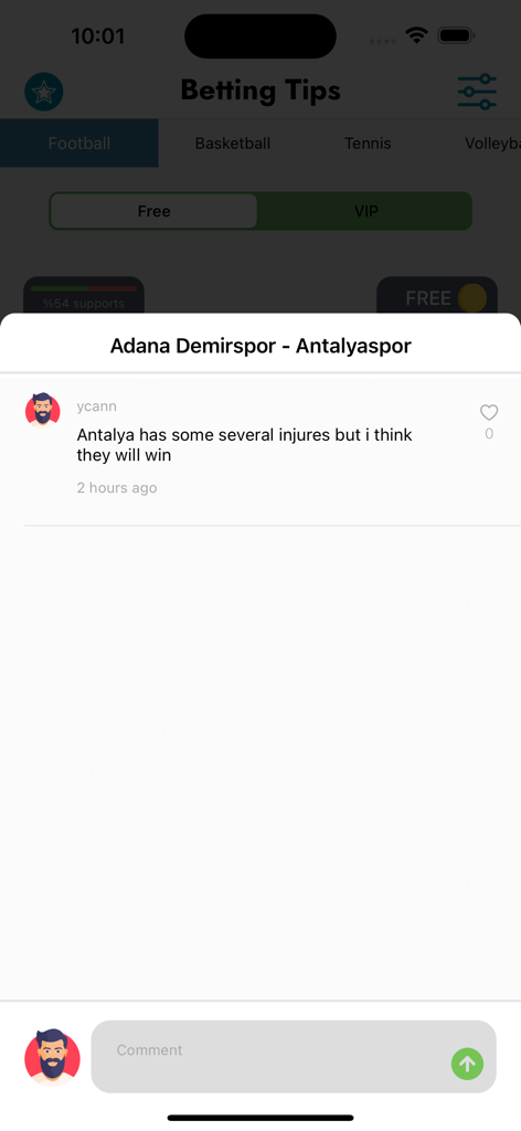 Betting Tips Pro - User comment and betting prediction for a football match within the Betting Tips Pro app interface.