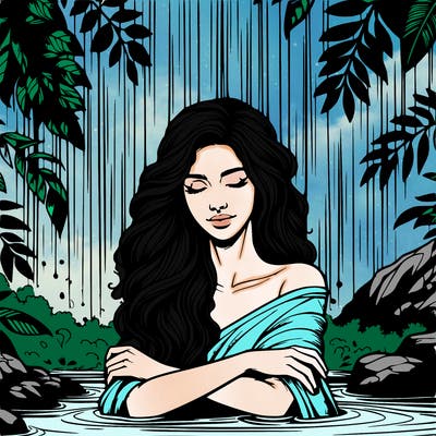 realistic female model under waterfall