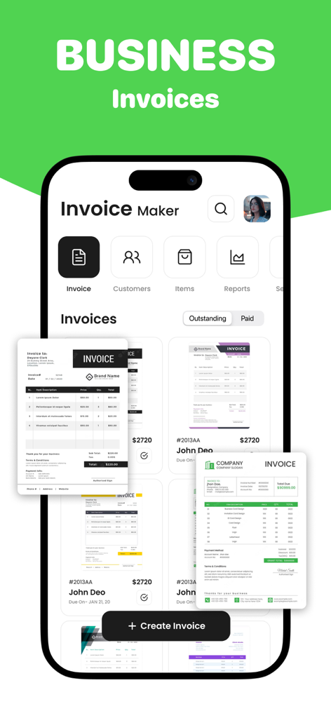 Invoice Maker - Simple Bills - The main dashboard of the Invoice Maker app showing several professional invoice templates and business management options.