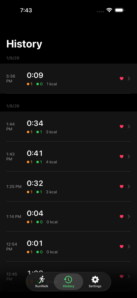 History screen of the WalkRun app displaying a list of past run-walk interval training sessions with duration and calories.