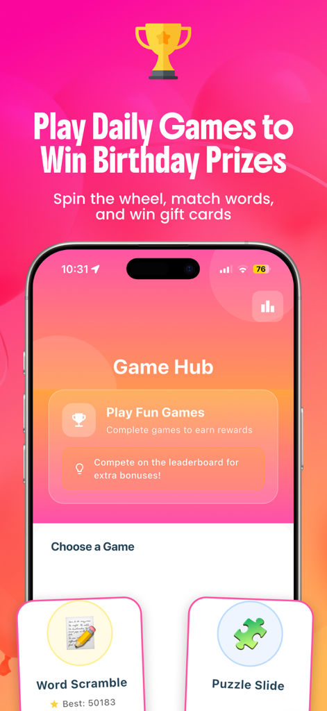 Birthday Hunter: BDay Freebies - Birthday Hunter app Game Hub screen showing word scramble and puzzle slide games to win birthday prizes