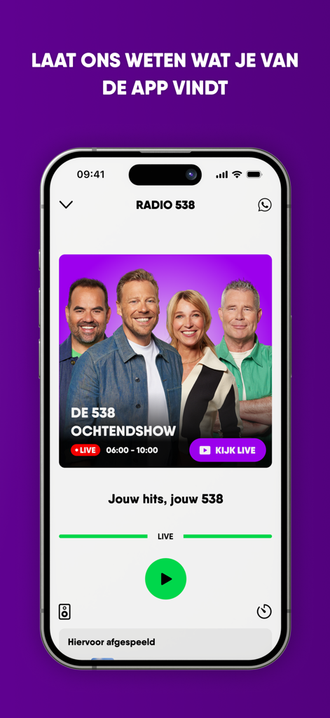 538 - Radio 538 app interface showing the live morning show with Dutch DJs
