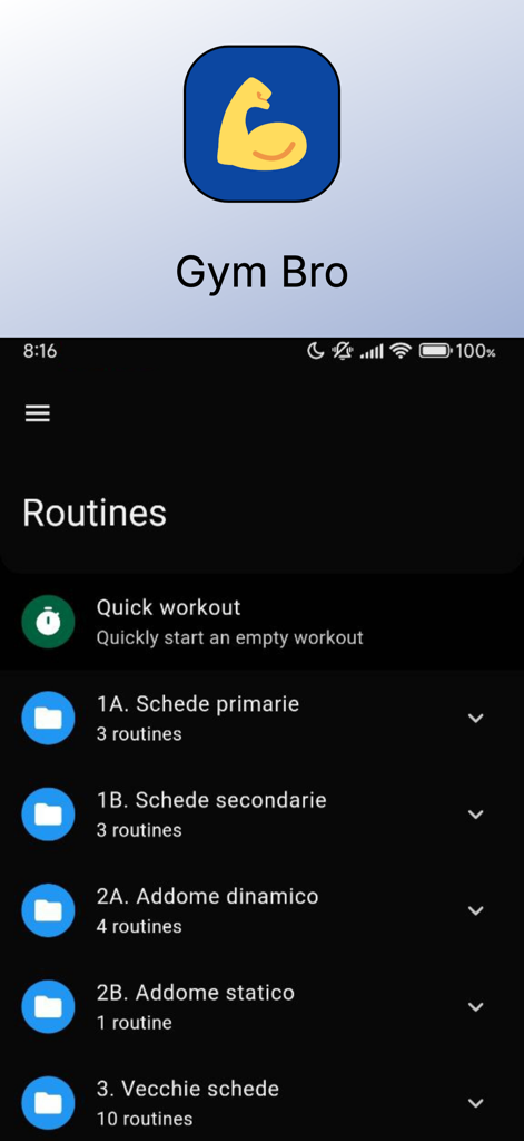 Gym Bro - Your Workout Buddy - 整理されたワークアウトルーチンフォルダとクイックスタートオプションを表示するGym Broアプリのインターフェース