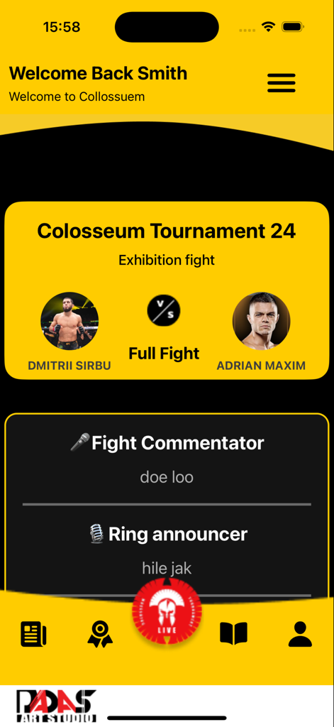 Interface of the Colosseum Kickboxing Live app showing a tournament match between Dmitrii Sirbu and Adrian Maxim with fight details