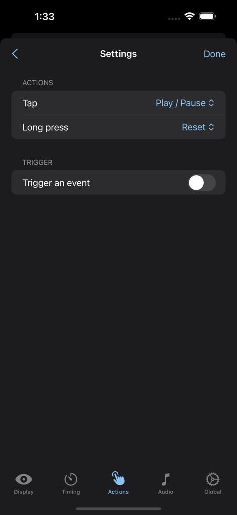 Breathe Bubble - Settings screen in Breathe Bubble app for customizing tap and long press actions
