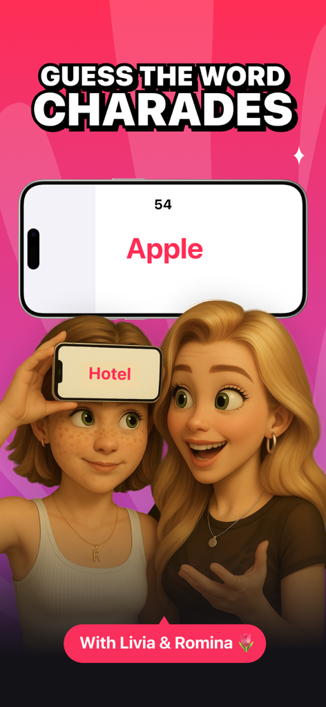 Two young women playing a digital charades party game on their phones.