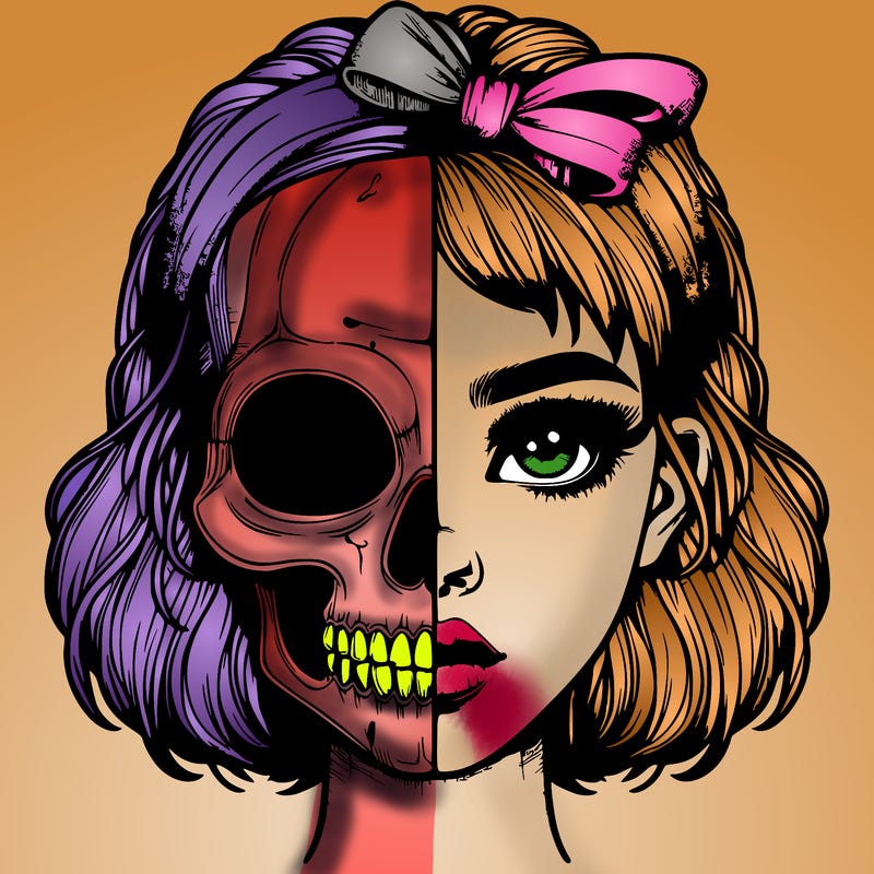 realistic girl with half skull mask