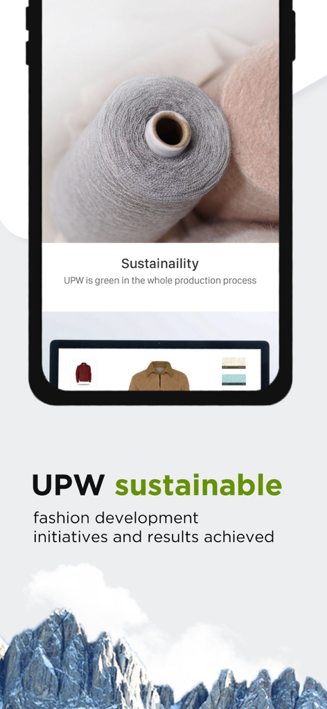 UPW - Écran de smartphone de l'application UPW mettant en évidence les initiatives de développement de mode durable et les processus de production écologiques pour les fils.
