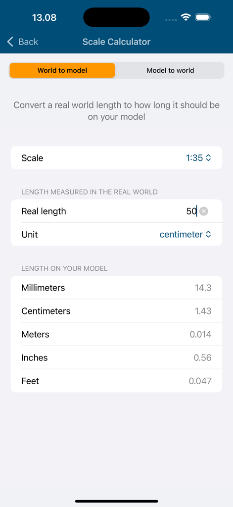 Una schermata dell'app mobile che mostra un calcolatore di scala per i modellisti per convertire le misurazioni del mondo reale.