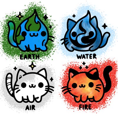 4 cats that represent the different elements, earth, water, air, and fire