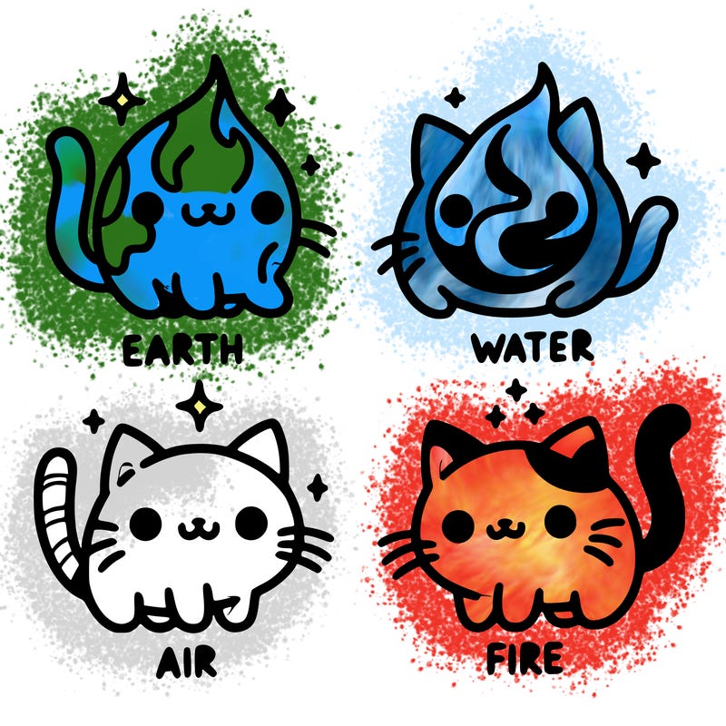 4 cats that represent the different elements, earth, water, air, and fire