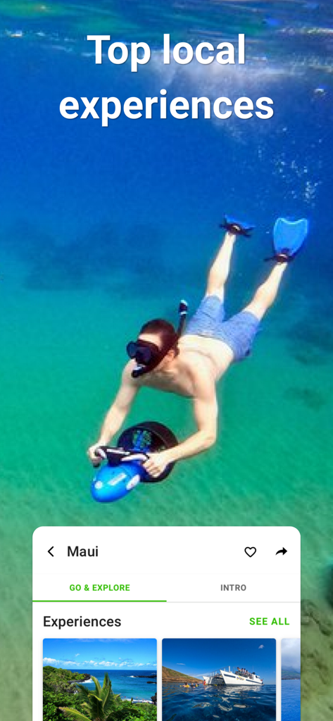 SmartGuide travel guide & map - A snorkeling experience in Maui displayed on the SmartGuide travel app interface.