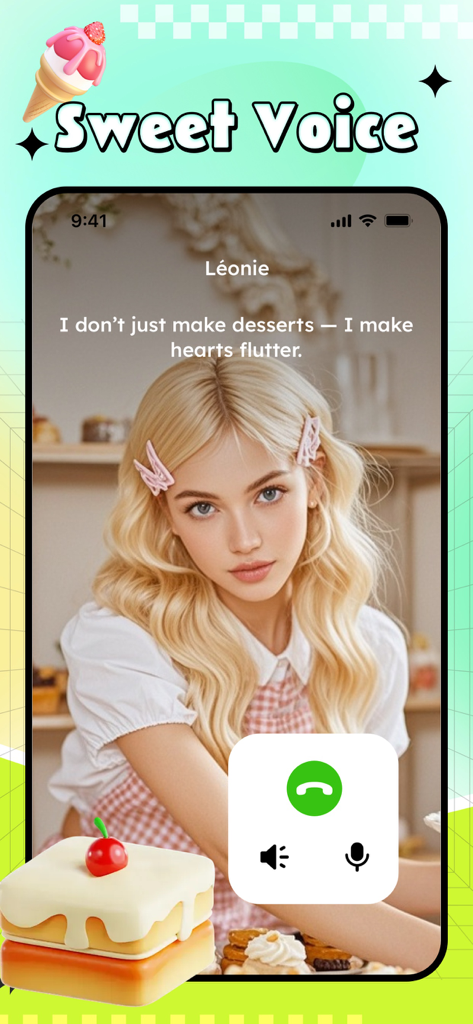 Antii - Adult，GirlFriend Chat - Antii app interface showing a voice call with an AI companion named Leonie.