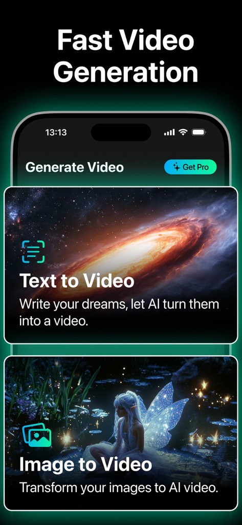 AI Video Generator: Video AI - AI 동영상 생성기 앱 인터페이스에 텍스트-동영상 및 이미지-동영상 기능이 표시됨