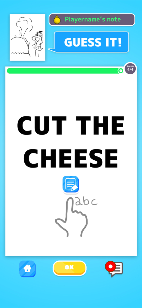 Online Telephone Game - TELPIC - Mobile game interface showing a guess round for the phrase cut the cheese in the TELPIC app