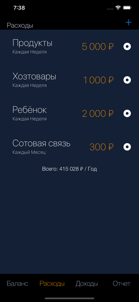 Mobile Benutzeroberfläche der Cash Flow App, die wiederkehrende Ausgabenkategorien und die gesamte jährliche Budgetprognose zeigt