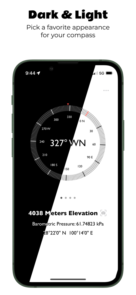 Altitude Compass - Altitude Compass app interface showing dark and light mode customization options on an iPhone screen.