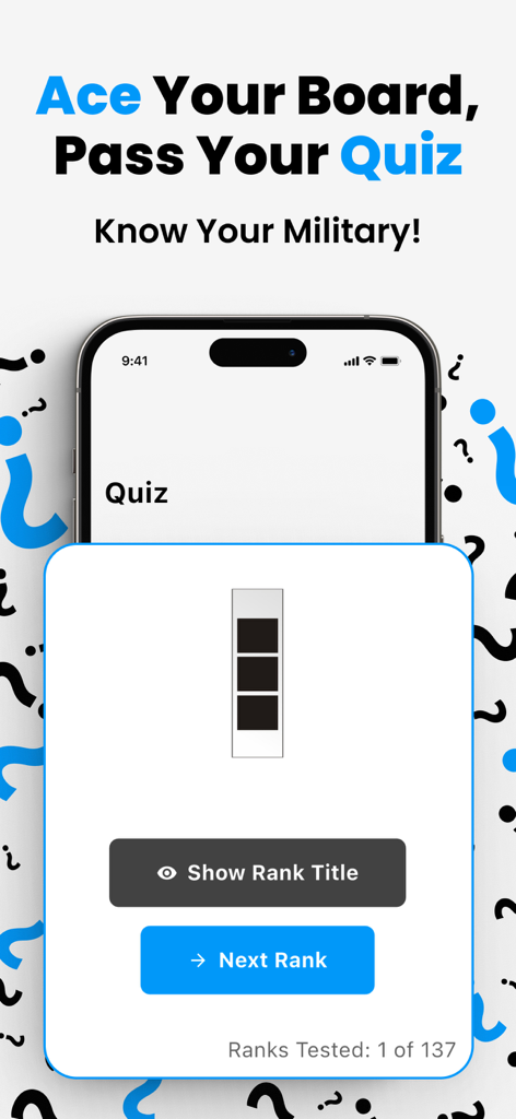 US Military Ranks - Interaktiver Quizmodus der US Military Ranks App zum Studieren von Insignien