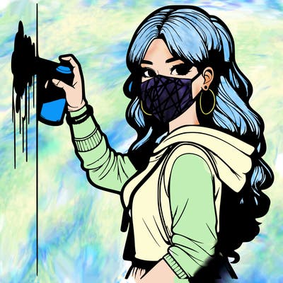realistic girl with mask spray painting a wall