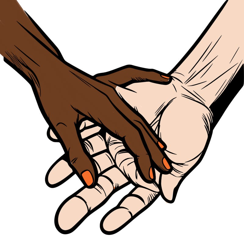 a realistic hand holding another hand but the other hand is not realistic