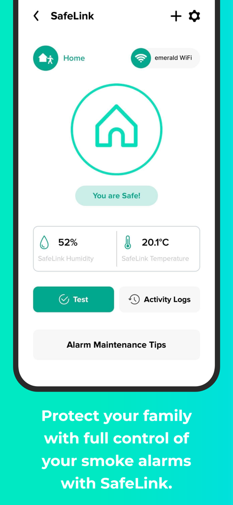 Emerald - Emerald App SafeLink-Dashboard zeigt Rauchwarnmelder-Status, Temperatur und Luftfeuchtigkeit.