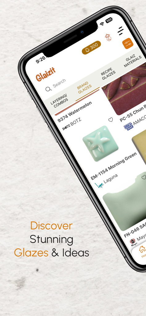 Glaizit – Smart Pottery Hub - Mobile app interface of Glaizit showing a searchable catalog of commercial pottery glazes with visual samples