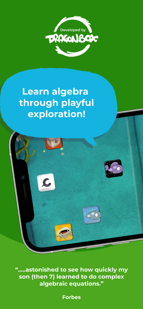 Un smartphone que muestra la interfaz de Kahoot! Álgebra 2 de DragonBox con coloridas fichas de juego y un testimonio de Forbes sobre el aprendizaje de ecuaciones complejas a través del juego.