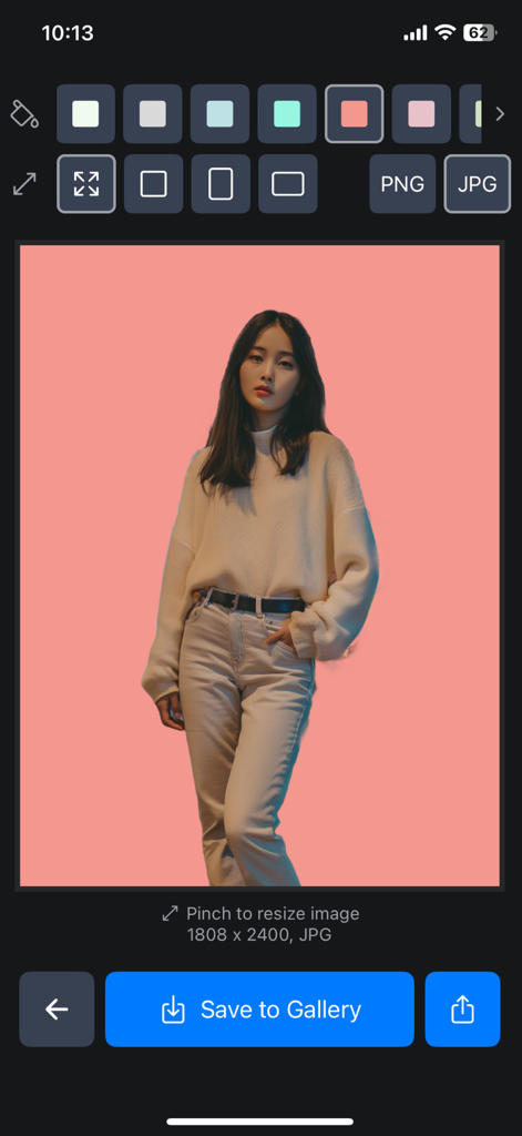 ポートレート写真に、AIによる背景透過とソリッドピンク色への置き換えを表示