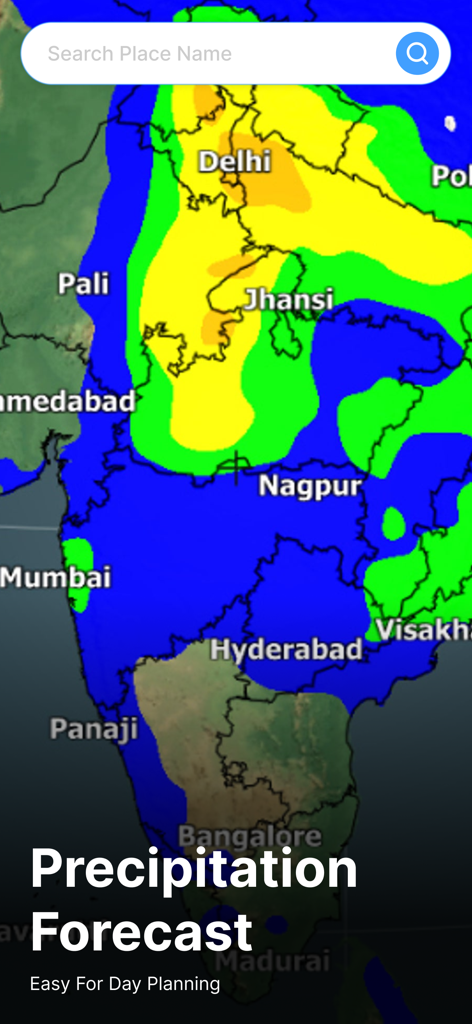 Live Weather Map Zoom Earth - Heatmap showing precipitation forecast for regional day planning on a mobile weather app.
