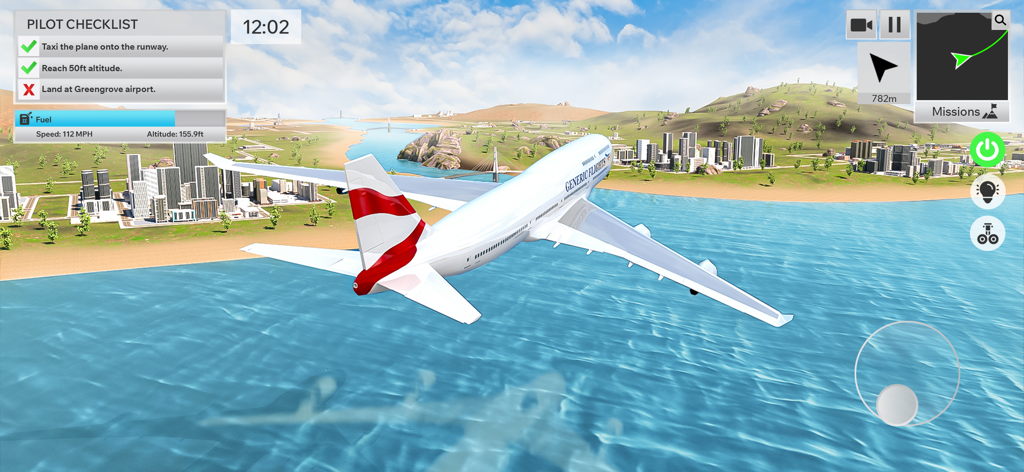 Airplane Pilot Airport Tycoon - Un gran avión comercial volando sobre el océano hacia una ciudad en Magnate de Aeropuerto Piloto de Avión.