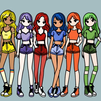 a group of girls wearing crop tops and shorts