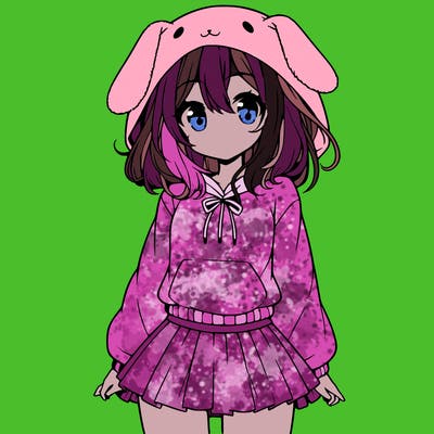 pretty anime girl wearing a fluffy hoodie with bunny ears on the hood and a skirt
