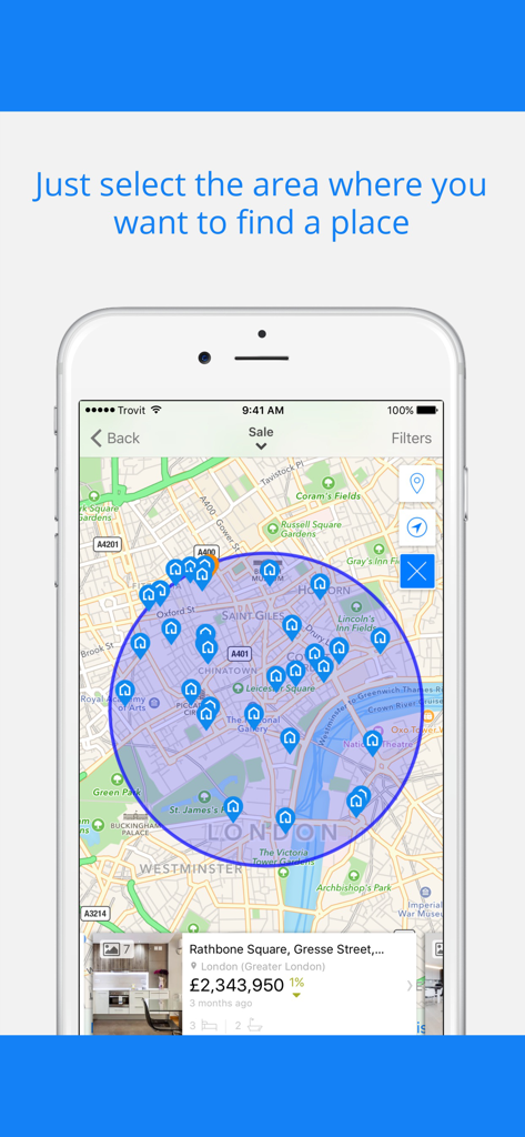 Schermata dell'app Trovit Homes che mostra gli annunci di proprietà all'interno di un'area circolare su una mappa.