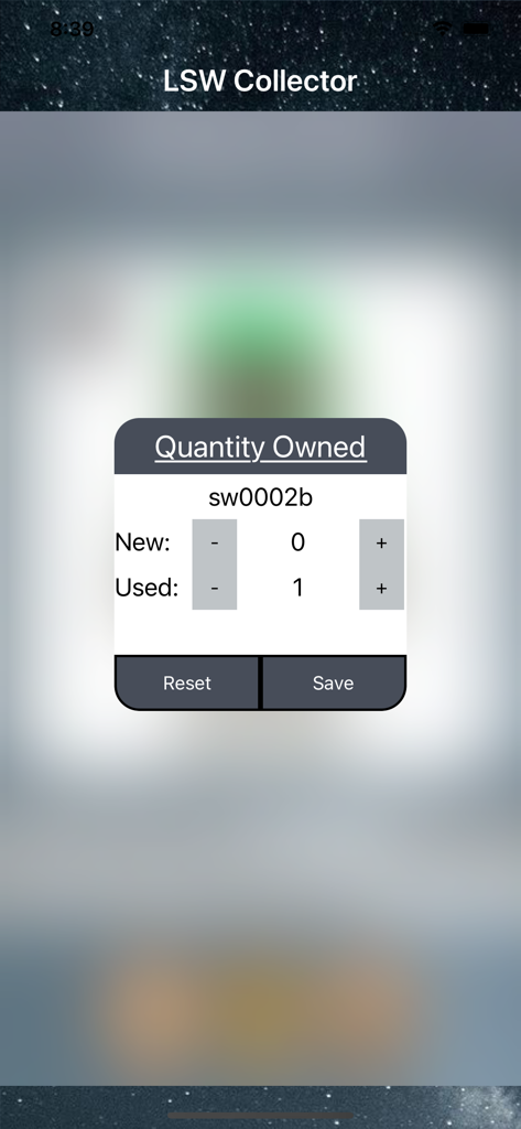 LSW Collector app interface for tracking the quantity of new and used LEGO Star Wars minifigures in a collection.
