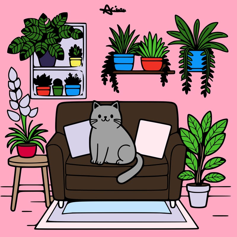 cat on a sofa in a room full of plants